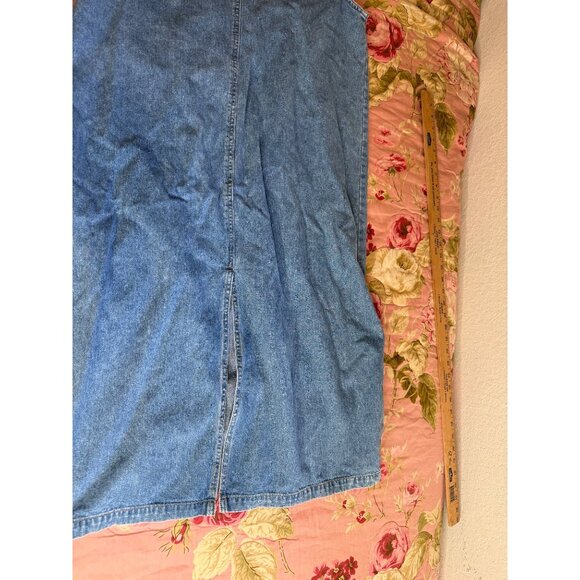 Vtg 90 Denim Jumper Maxi Dress L Front Zipper Pockets Modest Country Teacher Y2K - Picture 15 of 16